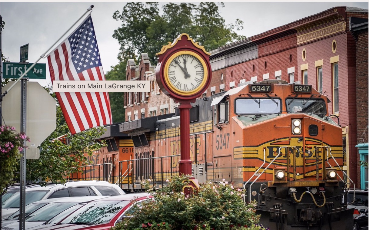Historic Main Street La Grange Kentucky with train tracks and local businesses in Oldham County