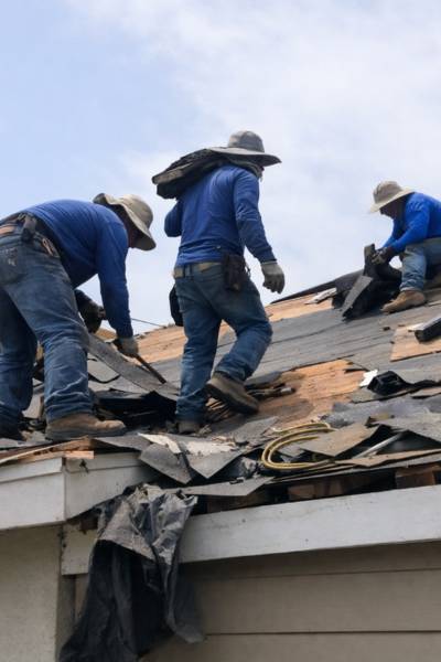 roof leak repair in El Cajon showing exposed underlayment and damaged tile under harsh sunlight