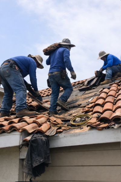 roof repair cost example in El Cajon showing damaged shingles being fixed by contractor