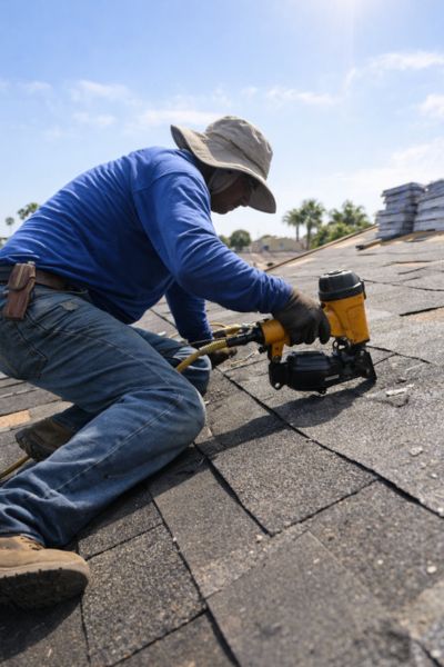 Roofing contractor in El Cajon repairing shingles with nail gun on residential roof in harsh sunlight