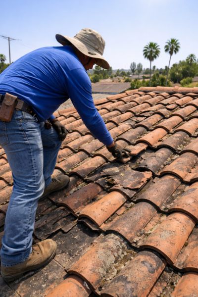 Roofing contractor inspecting tile roof in El Cajon under direct sunlight with visible wear