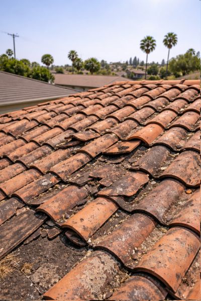 Tile roof inspection in El Cajon showing aging clay tiles and sun exposure damage