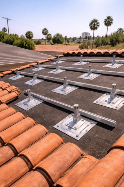 Solar mounting brackets installed on tile roof in El Cajon with clay tiles removed and flashing visible