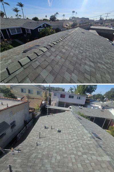 Completed roof replacement in City Heights San Diego with new asphalt shingles.