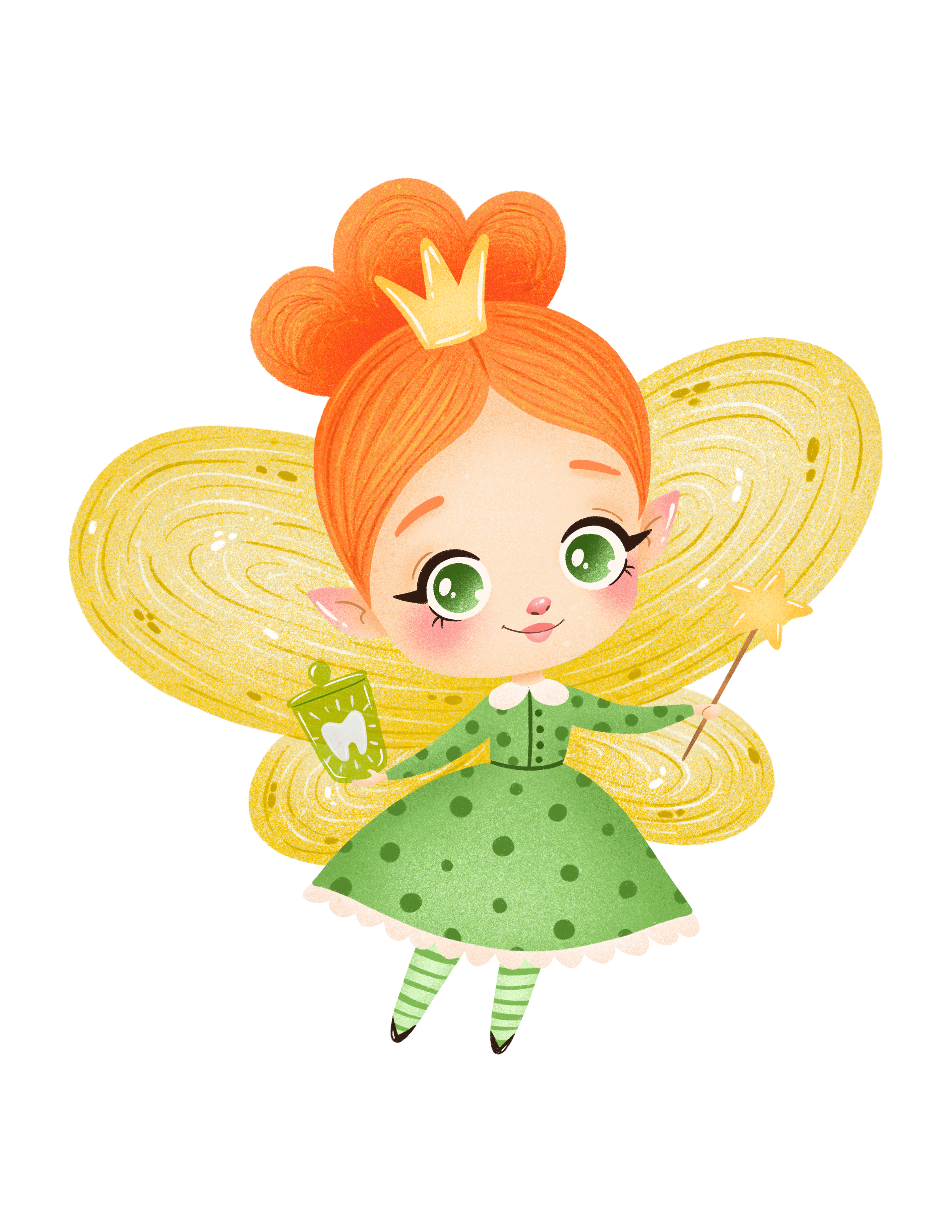 Flora, a fairy with orange hair, a small gold crown, yellow wings, and a green dress.