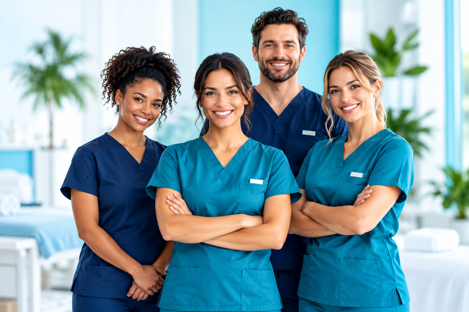 Illustrative group of massage therapy professionals in navy and teal scrubs