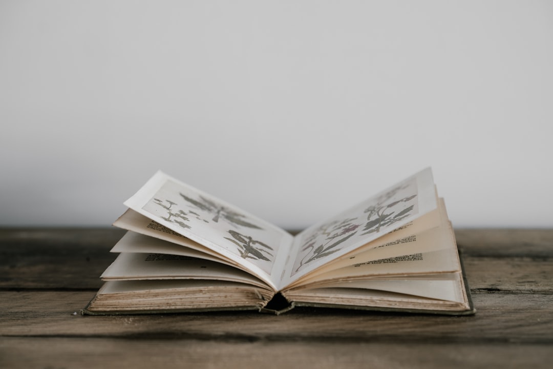 An open illustrated hardcover book with fanned pages resting on a rustic wooden table against a plain pale wall.