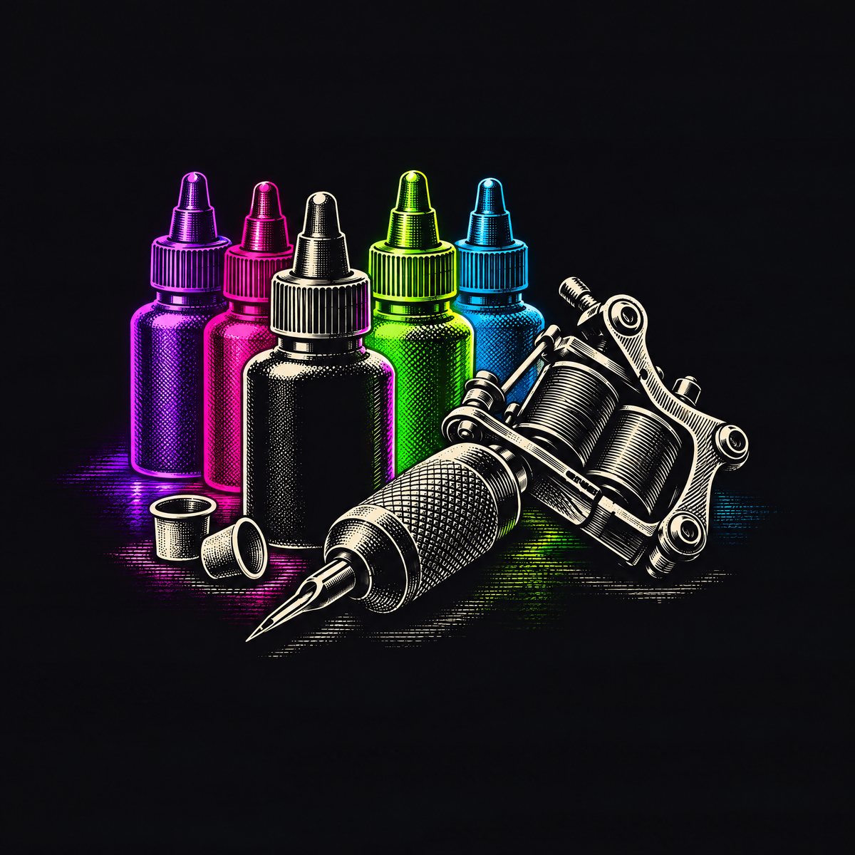 Illustration: a bottle of black ink in front of violet, magenta, green and blue ink bottles, beside a coil tattoo machine