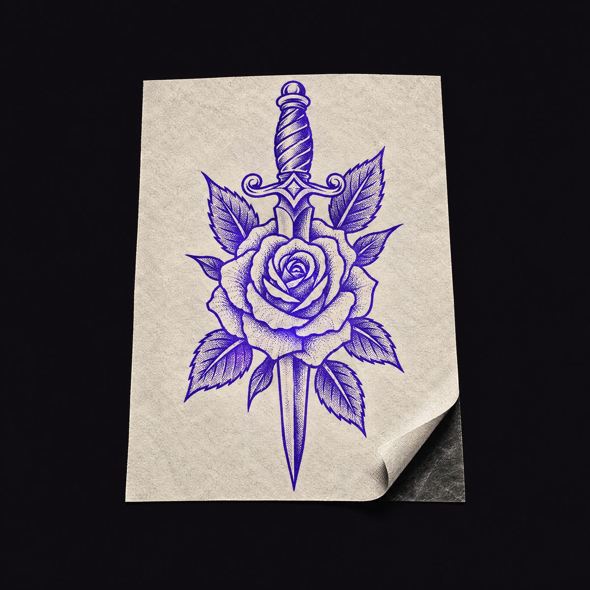 Illustration: a finished rose-and-dagger tattoo stencil on transfer paper