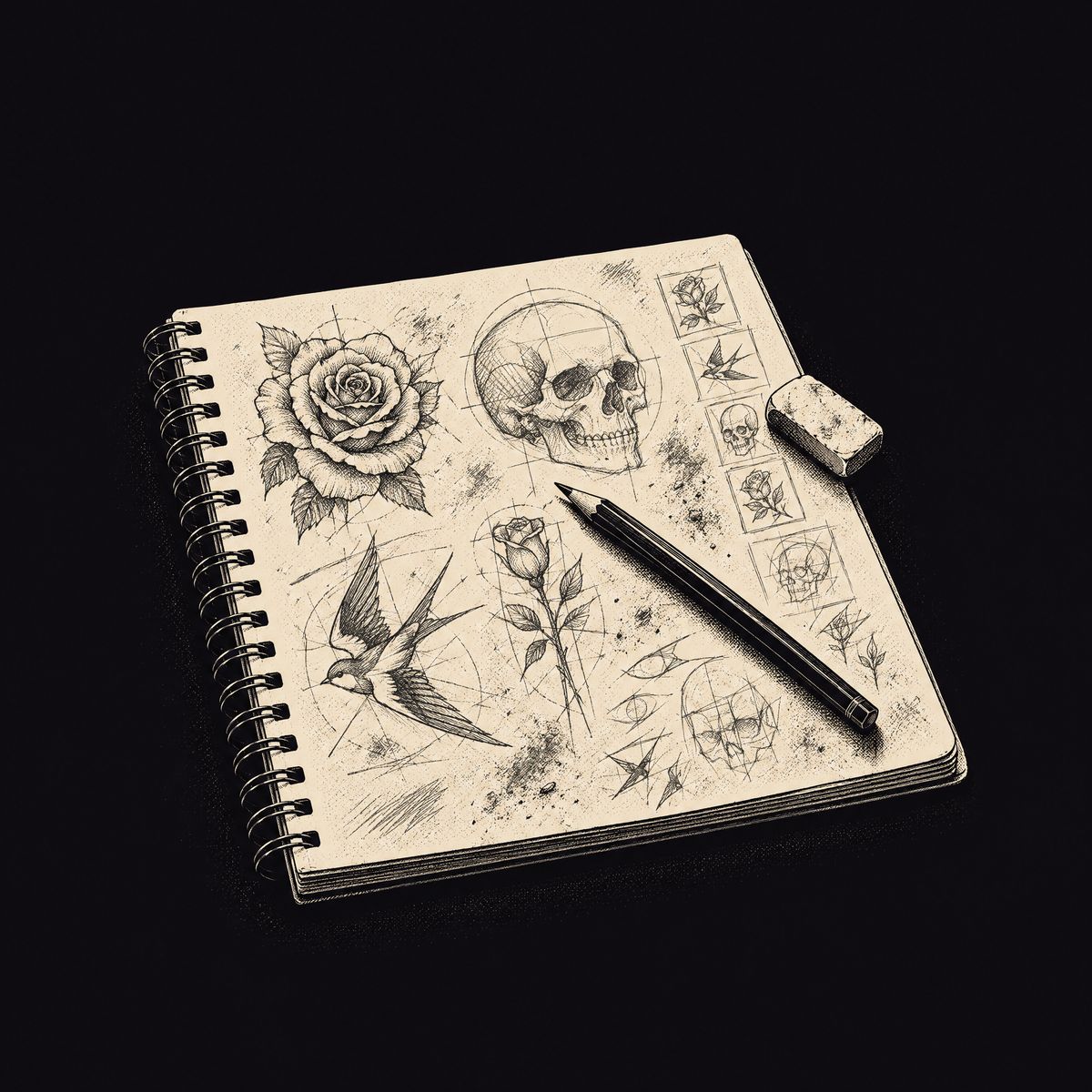 Illustration: an open sketchbook of pencil tattoo concepts with a pencil and eraser