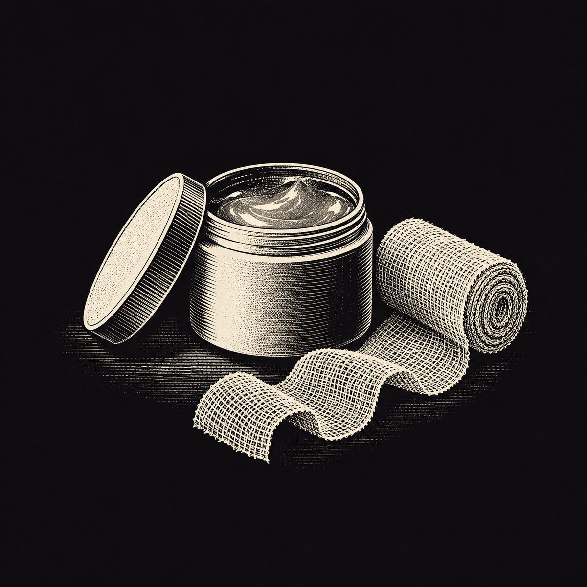 Illustration: an open tub of healing ointment beside a roll of gauze bandage