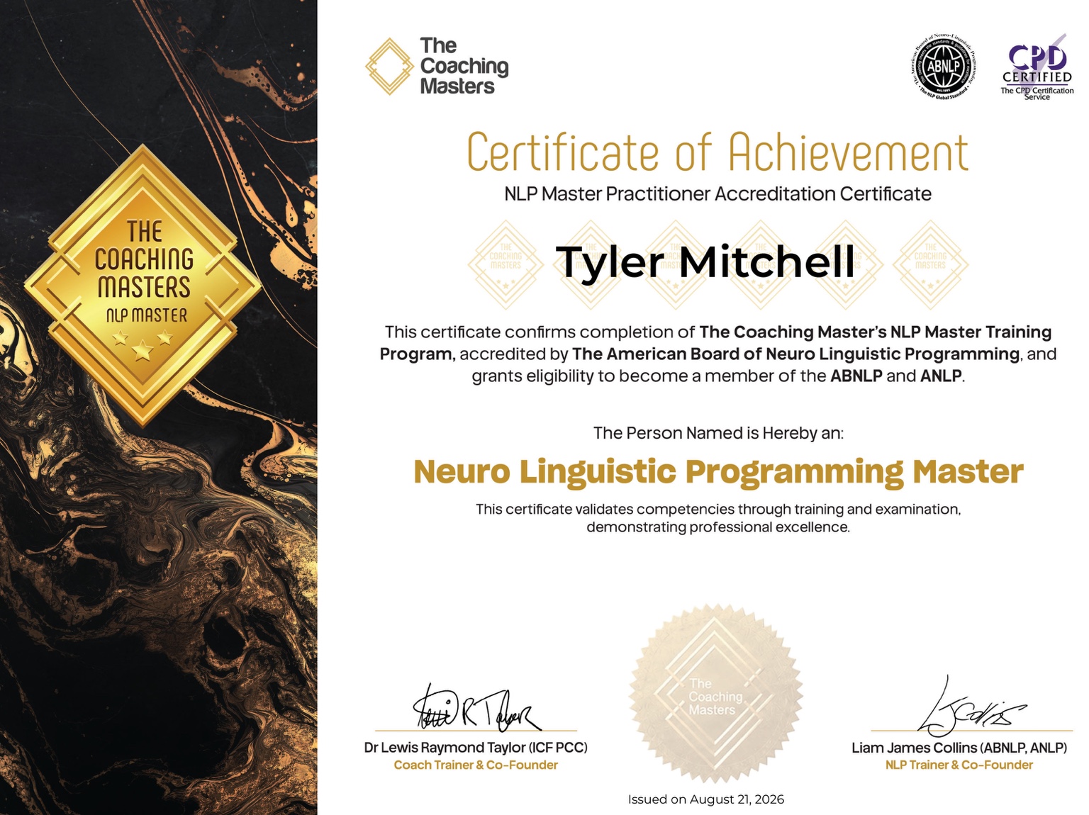 Tyler Mitchell — NLP Master Practitioner certificate from The Coaching Masters, issued August 21, 2026