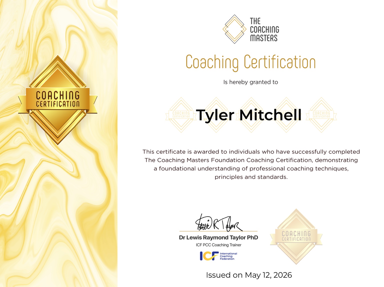 Tyler Mitchell — Foundation Coaching Certification certificate from The Coaching Masters, issued May 12, 2026