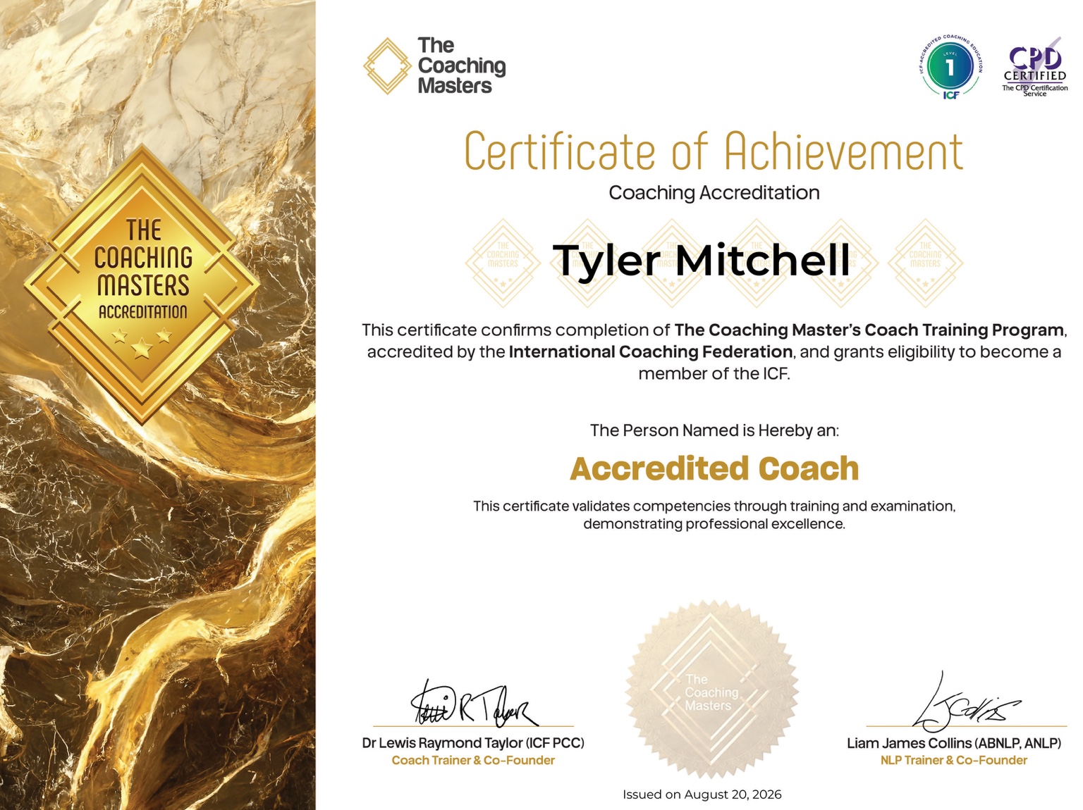 Tyler Mitchell — Accredited Coach certificate from The Coaching Masters, issued August 20, 2026