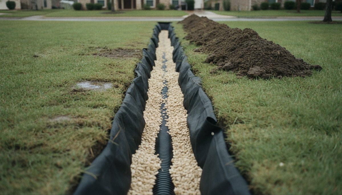 Open French drain trench with filter fabric, perforated pipe and washed gravel