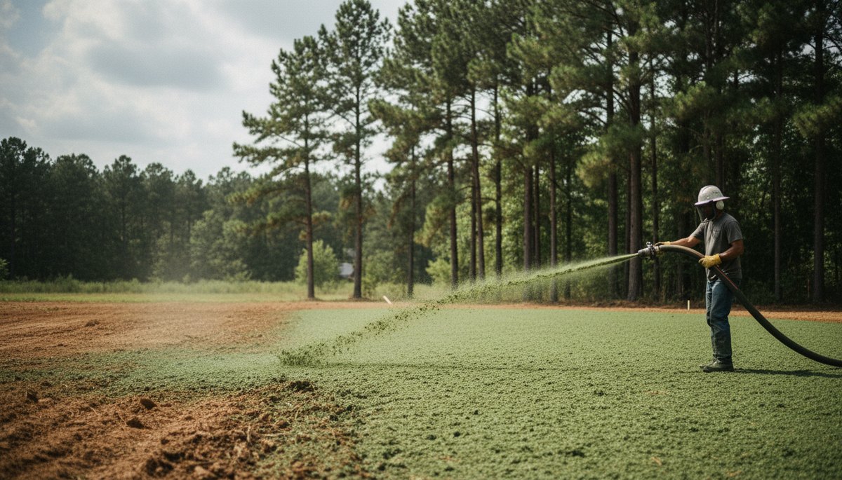 Hydroseeding slurry sprayed across a graded lot in East Texas