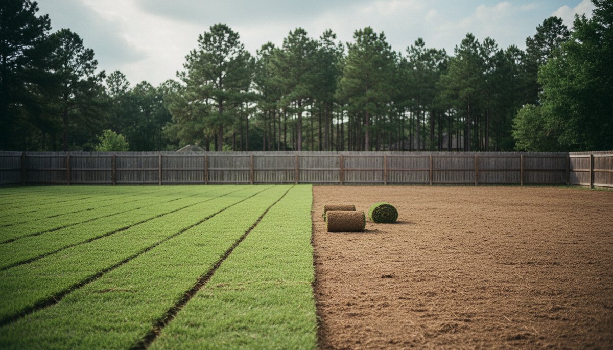 Fresh sod rolls laid in staggered rows meeting bare graded soil