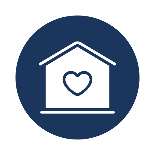 Icon with a dark blue background and white outline of home with a heart in the middle. 