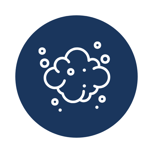 Navy blue circle icon with a white dust cloud outline. South Denver dryer vent cleaning services.