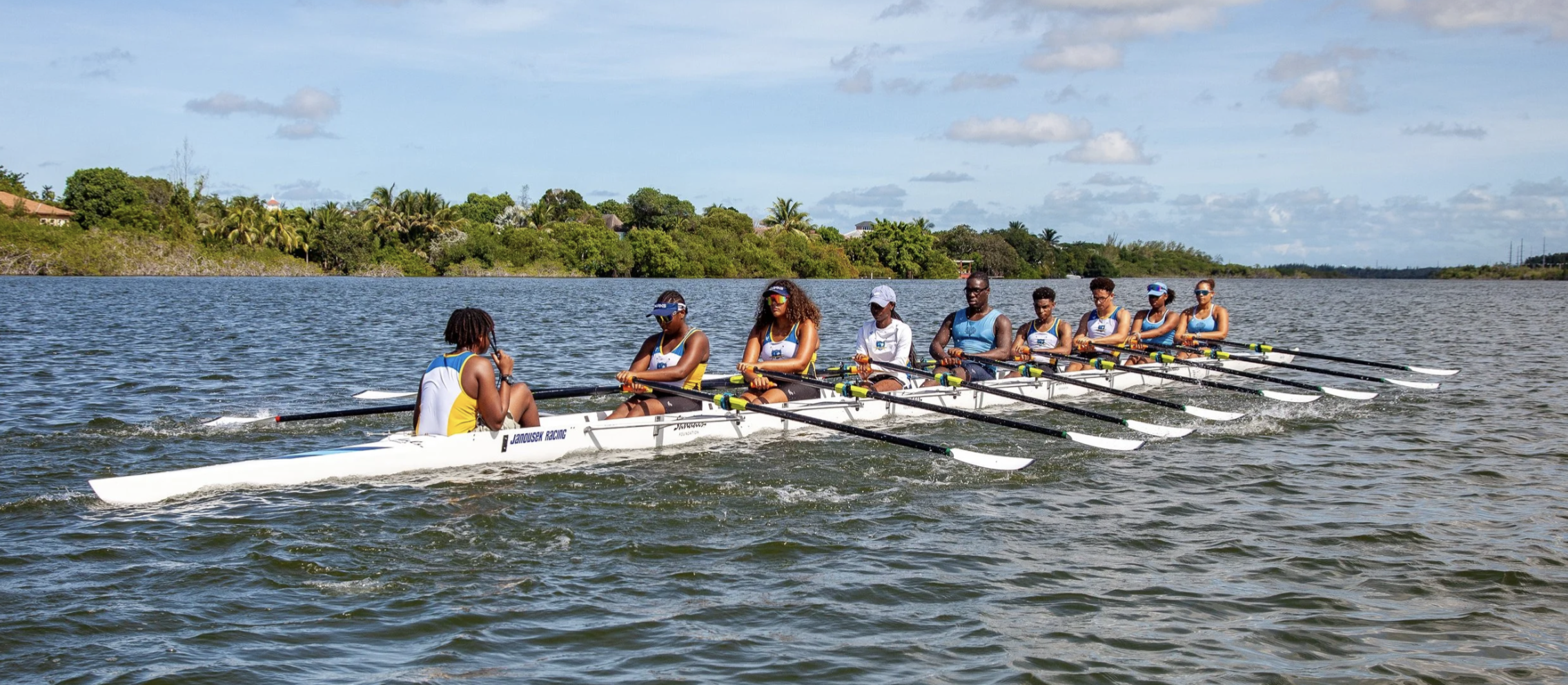 A rowing team training outdoors in a boat on a clear day with tropical trees in the background.