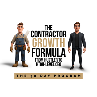 Two people with the text 'Contractor Growth Program' and details about 4 group calls on Marketing/Sales/Ops, plus a 'Join Program' option, promoting a structured growth program for contractors.