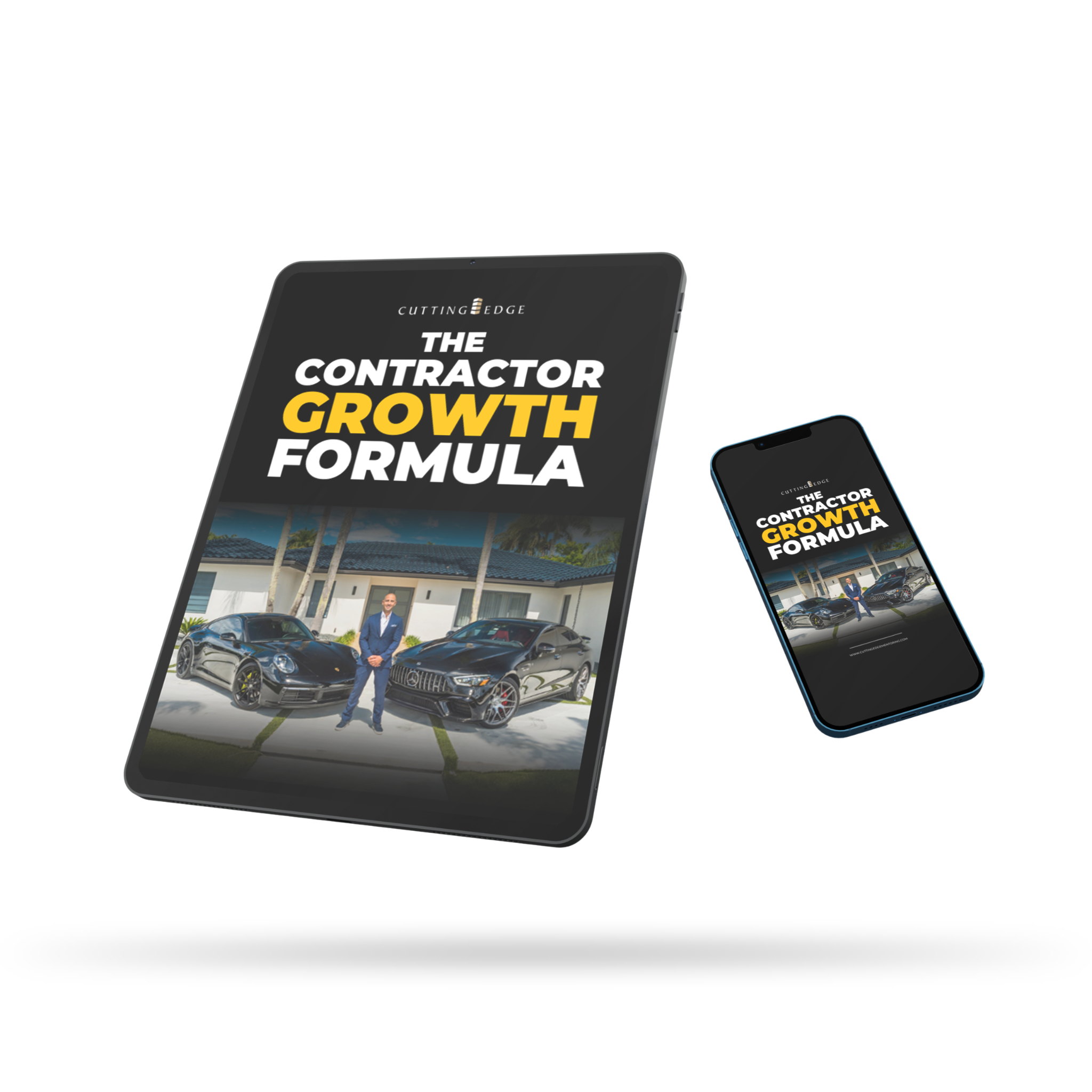 Promotional banner featuring a book titled 'The Contractor Growth Formula' and a smartphone, with a form to enter first name, last name, and email.