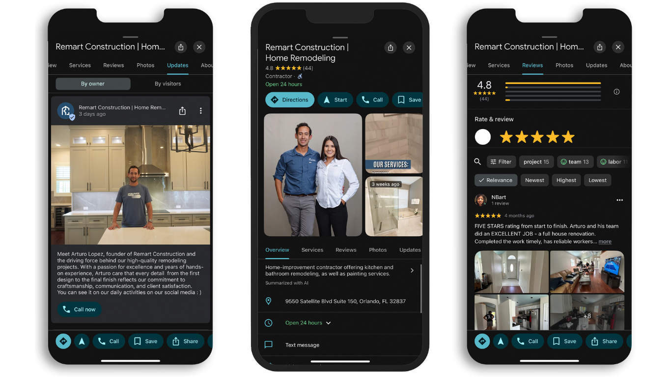 Arturo from Remart Construction home remodeling contractor success story, featuring app screenshots with reviews and project details.