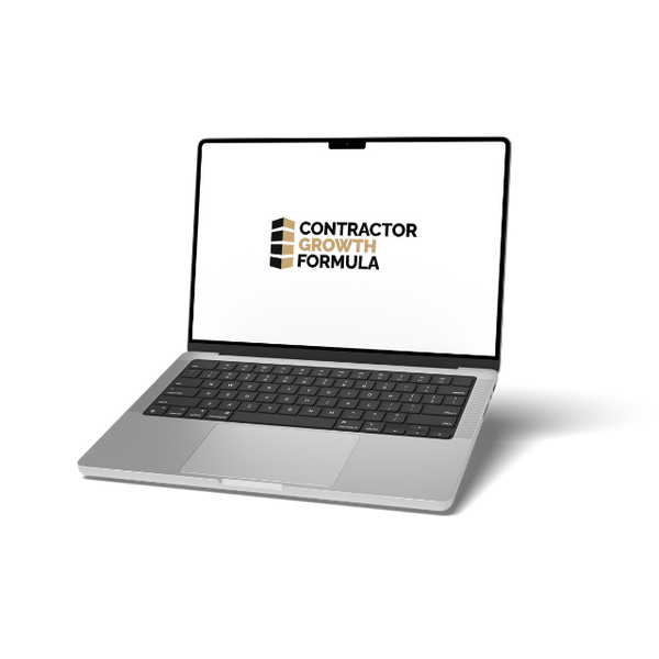 Laptop displaying the Contractor Growth Formula logo, featuring a stack of blocks and the text 'CONTRACTOR GROWTH FORMULA,' symbolizing a digital resource or program for contractor business growth.