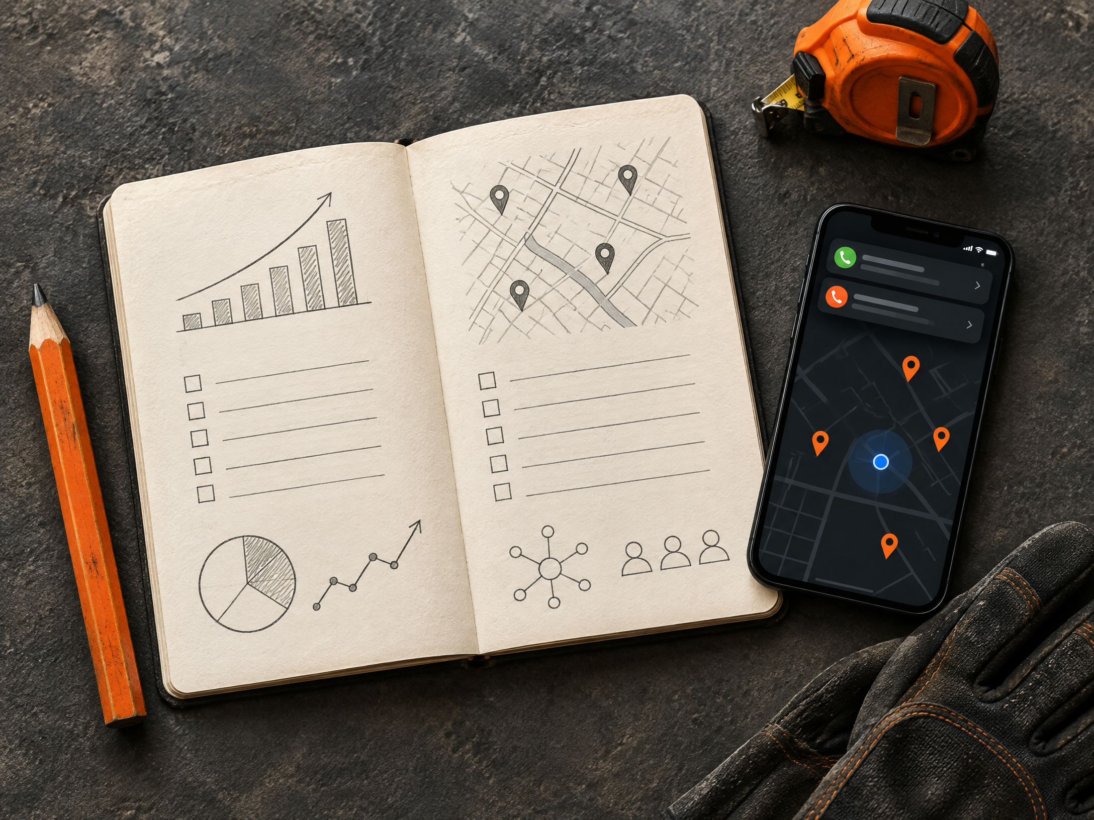 A field notebook, phone, pencil, and measuring tape on a workbench