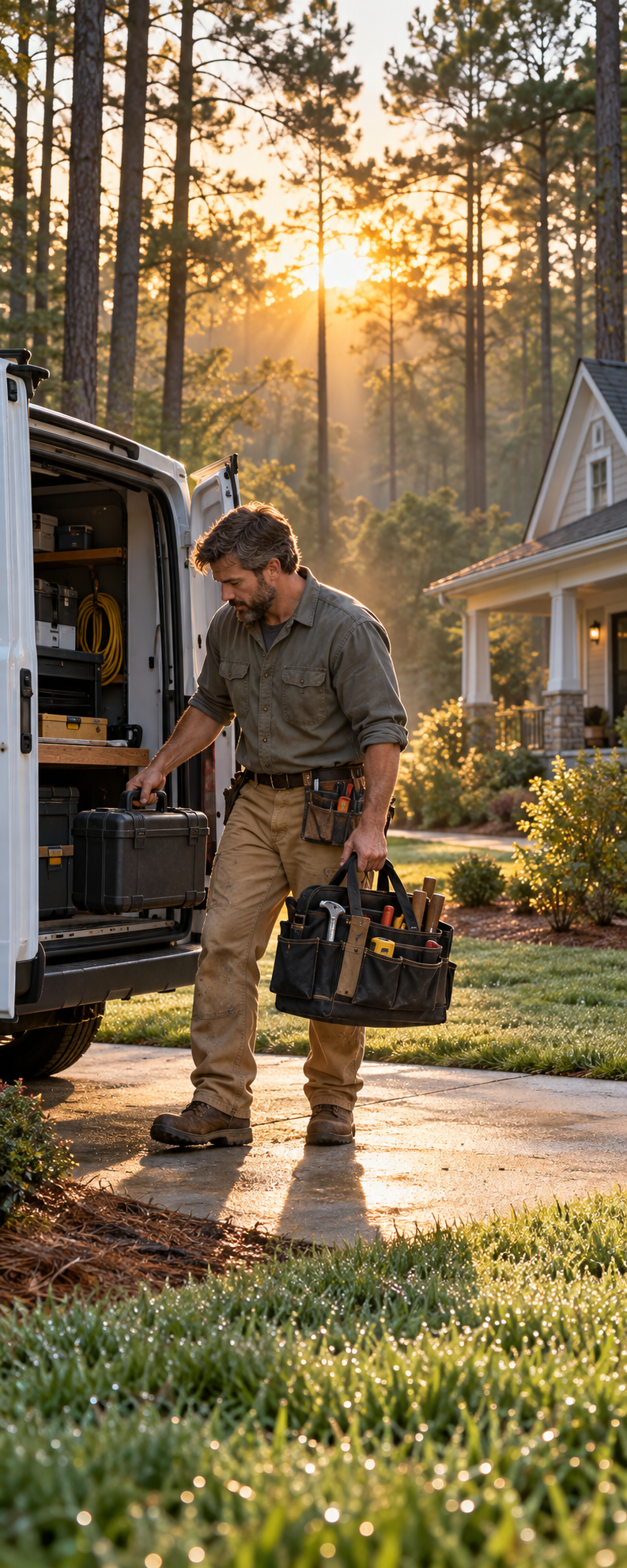 A home-service technician loading the truck before the first call of the day