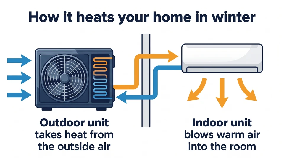 Diagram showing how a reverse-cycle air conditioning system takes heat from the outside air and moves it indoors to heat a room