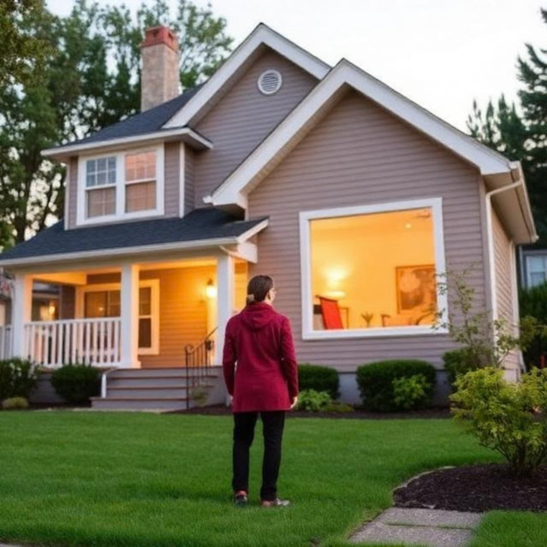Person standing in front of a well-lit suburban house at dusk, considering selling their home for cash.