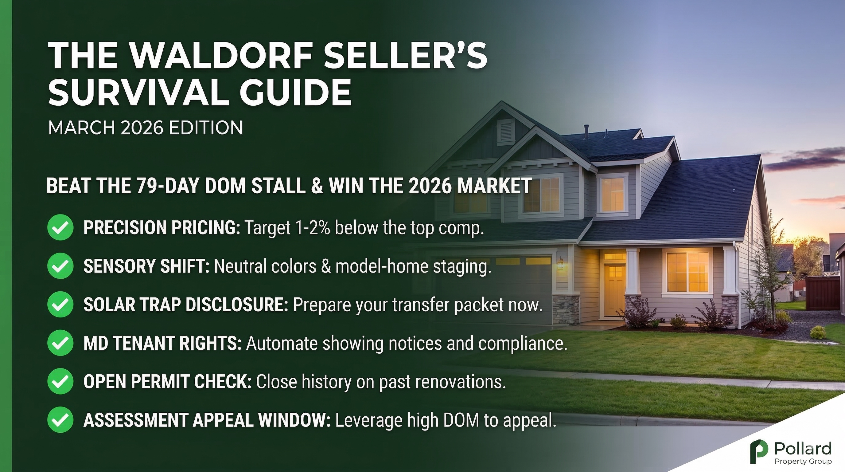 Graphic of the Waldorf Seller’s Survival Guide 2026 Checklist featuring a 79-day DOM strategy, 13 percent tax appeal window, and solar lease transfer steps to secure home equity.