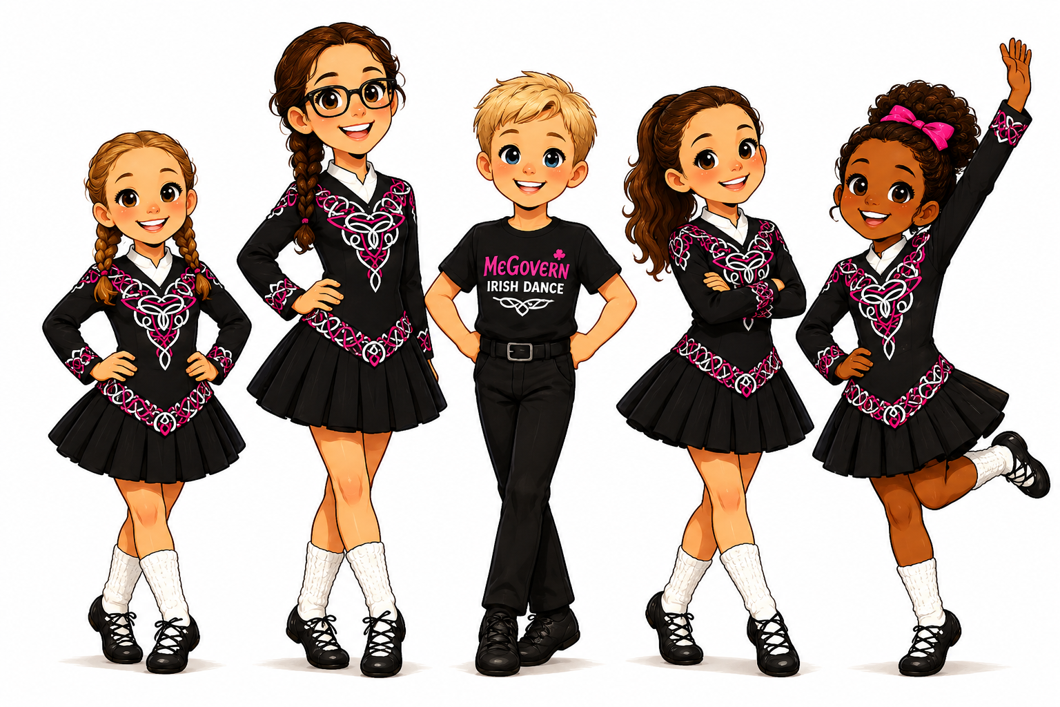 Five McGovern Irish Dance cartoon dancers
