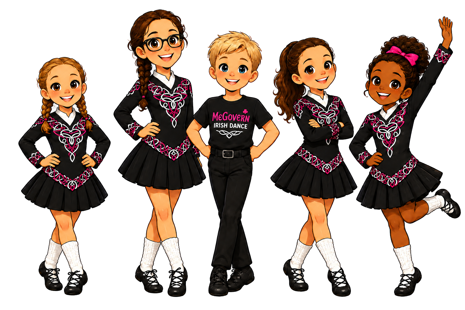 Five cartoon McGovern Irish dancers