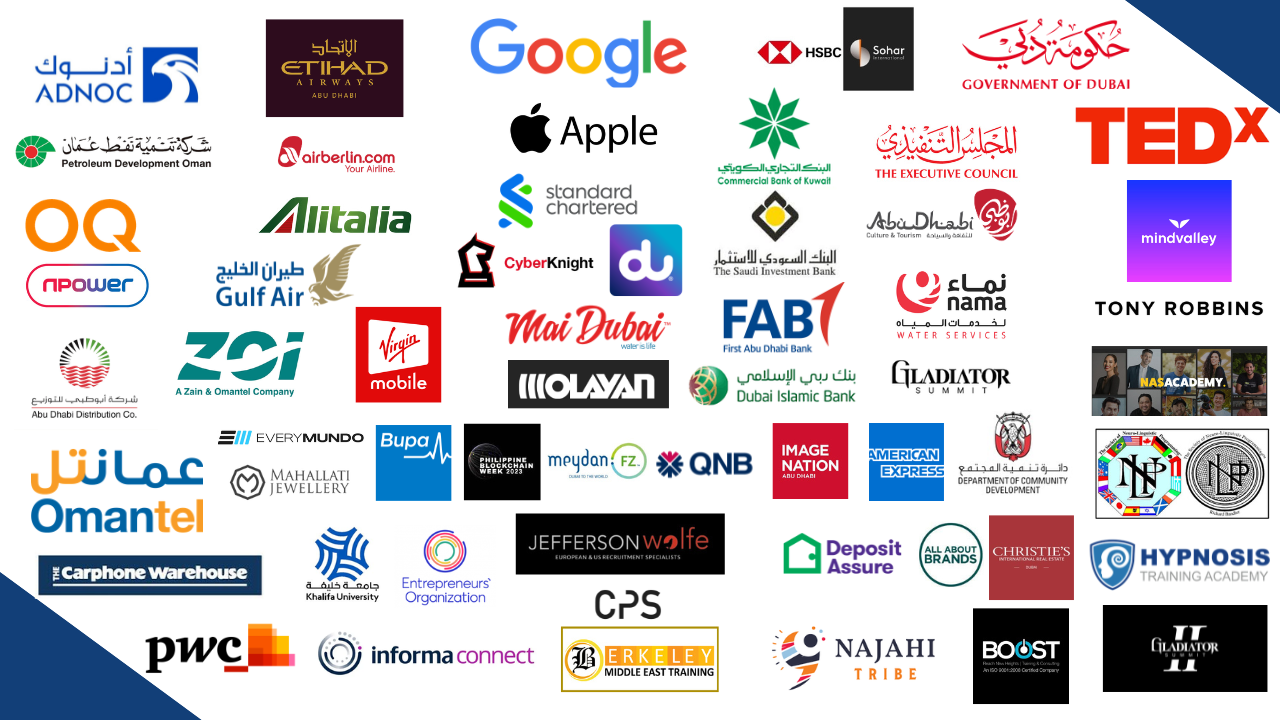 Organisations and stages MUNEER has worked with, including Google, Apple, HSBC, Etihad, ADNOC, PwC, QNB, CyberKnight, Christie’s Real Estate, Informa and many more