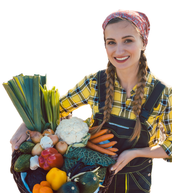 A gardener holding fresh vegetables