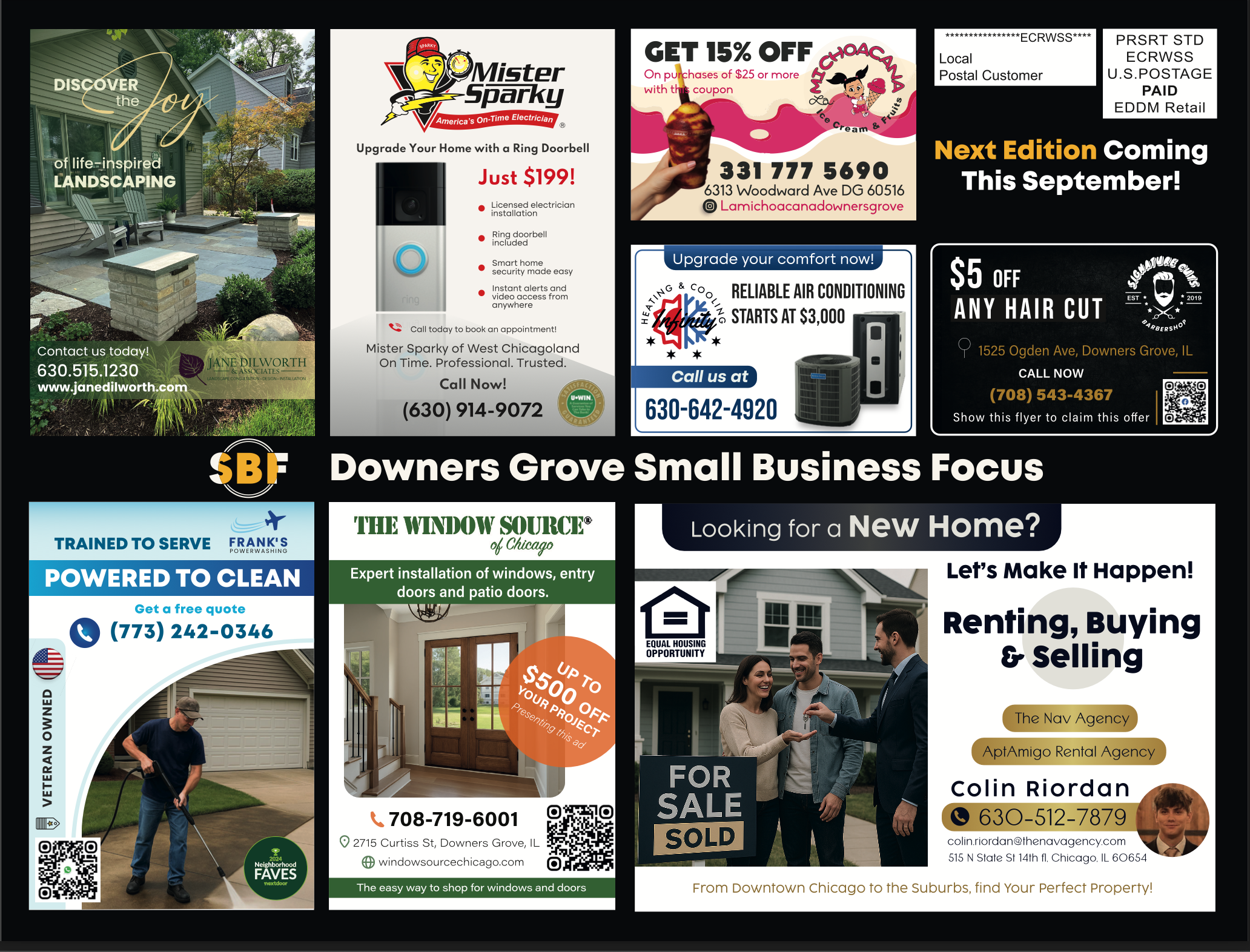 <img src="path_to_image" alt="Mockup of a 9x12 direct mail postcard featuring various local businesses in Downers Grove, promoting cost-effective marketing solutions for small businesses." />