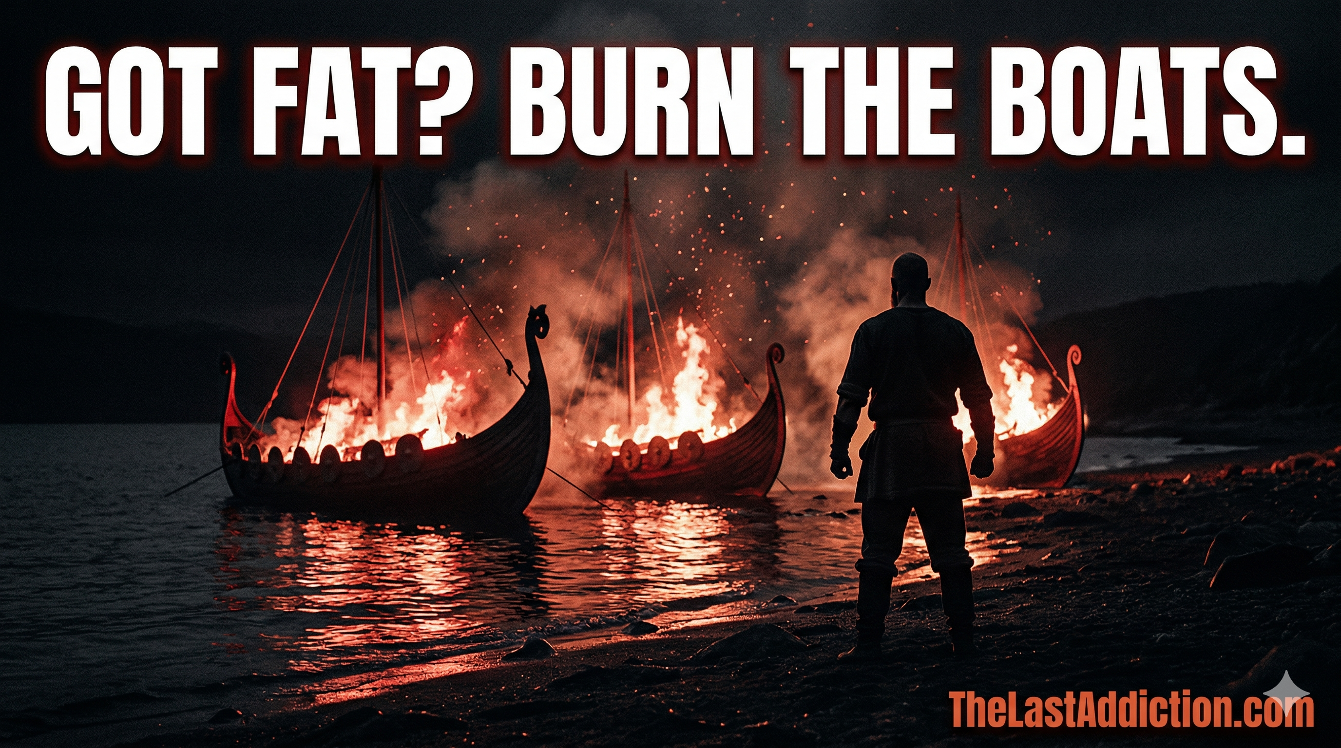Got Fat? Burn the Boats. Viking ships burning on a dark beach. TheLastAddiction.com