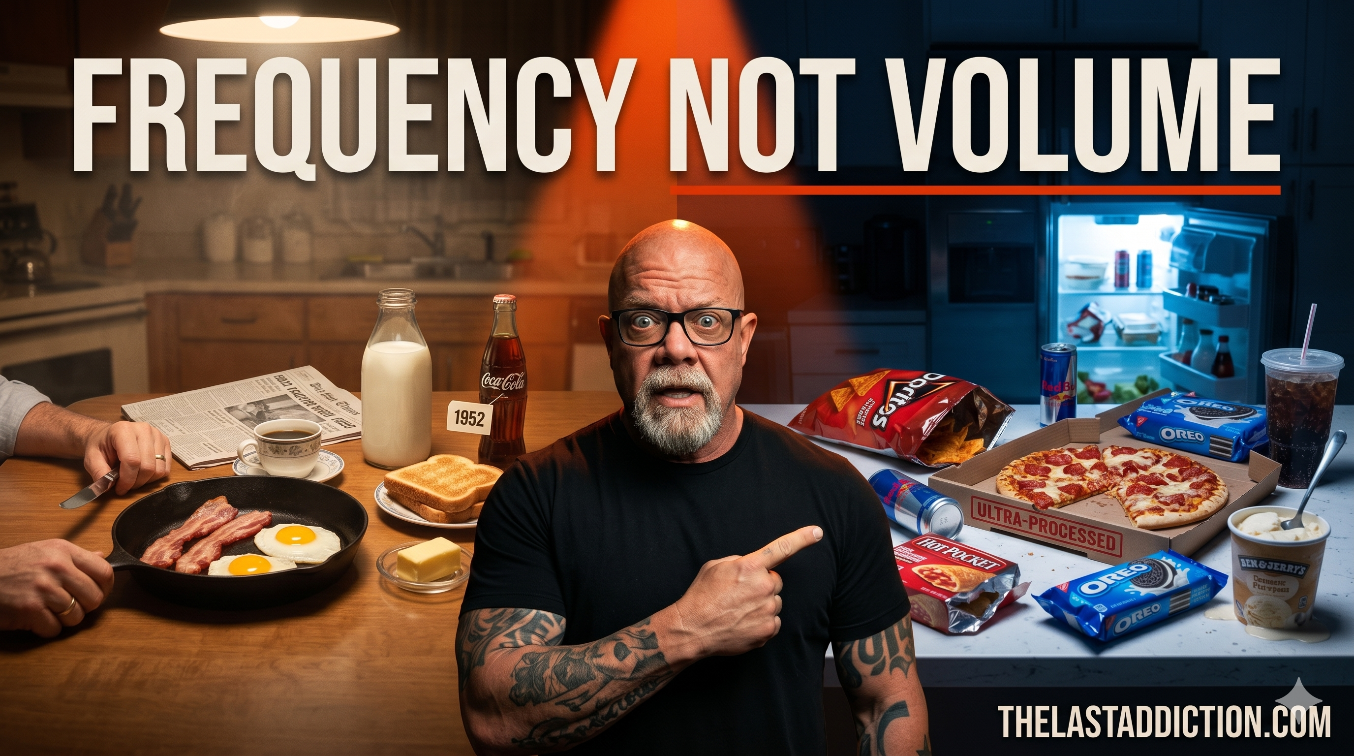 Connor MacIvor between a 1950s kitchen table set with bacon, eggs, butter, and milk on the left, and a modern counter covered in Doritos, Oreos, frozen pizza, and energy drinks on the right. Text overlay: FREQUENCY NOT VOLUME.