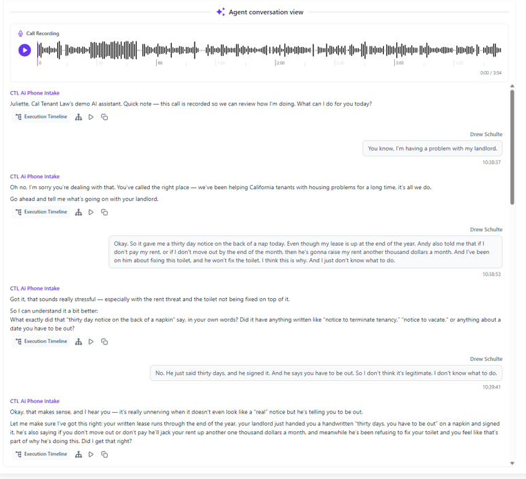 Real AI phone intake call log with transcript