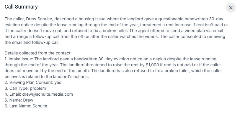AI call summary: housing issue described, with collected details including intake issue, consent, call type, email, and name