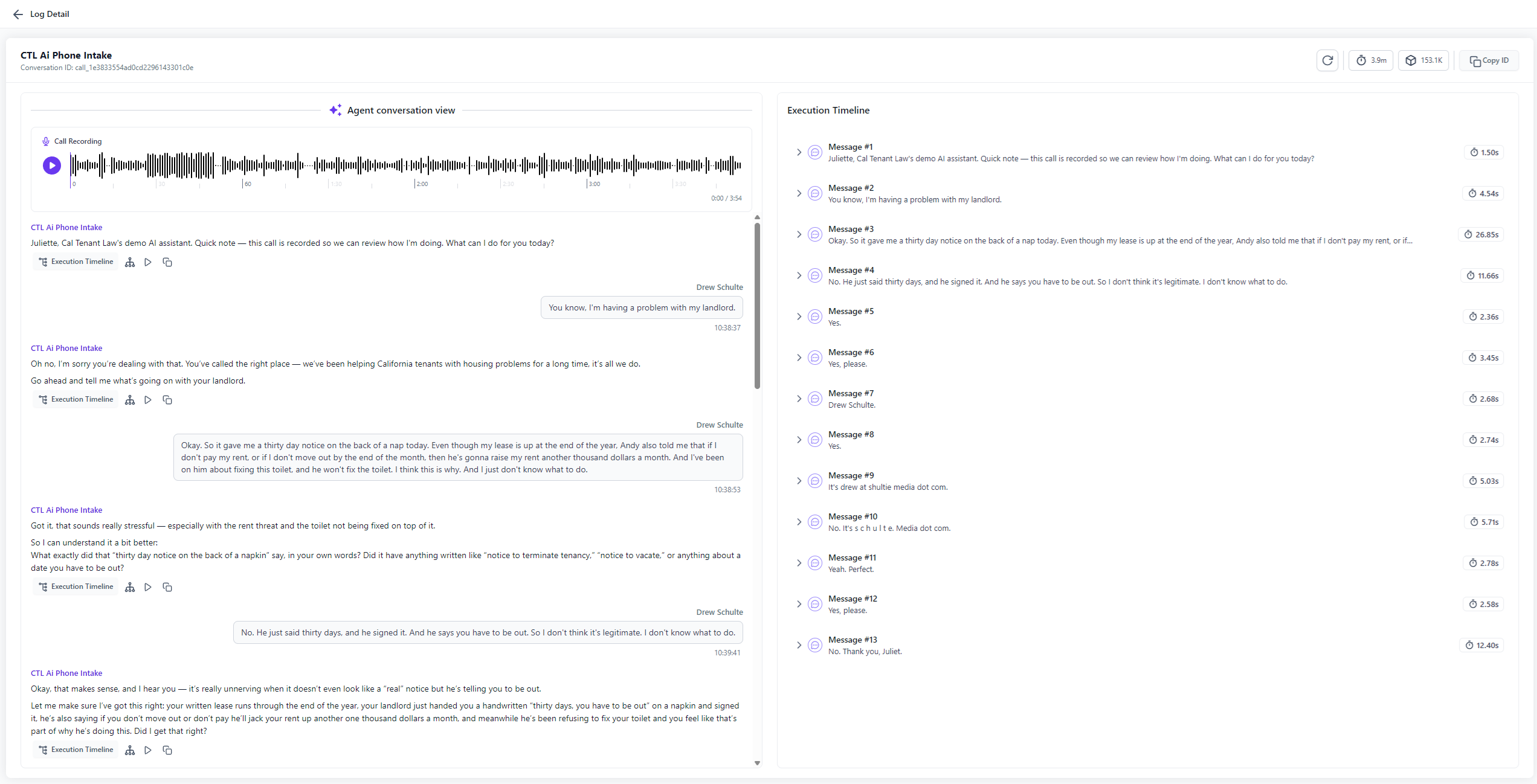 Call log detail: recording waveform, full transcript, and execution timeline of Juliette handling a tenant intake call