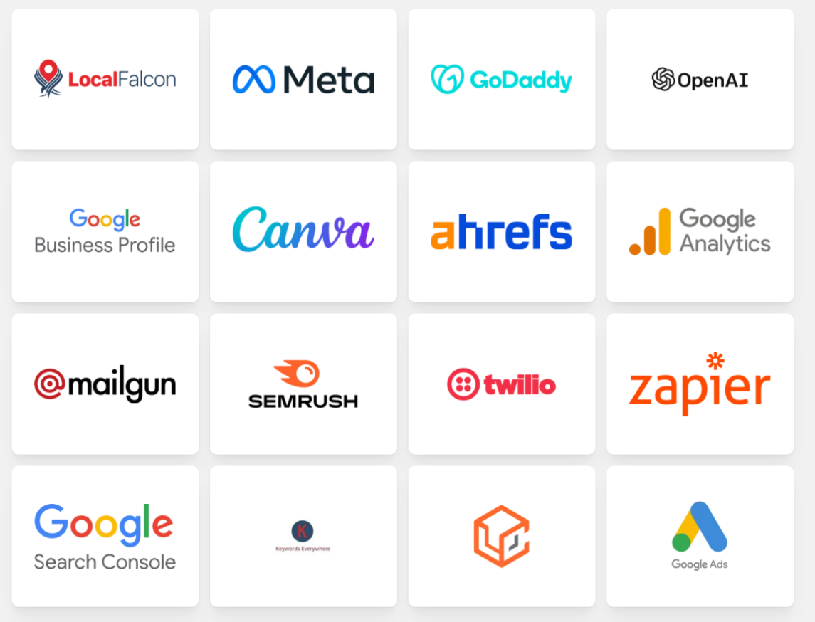 Platforms we build on: Google Business Profile, Meta, OpenAI, Canva, Google Analytics, Mailgun, Twilio, Zapier, Google Search Console, Google Ads and more