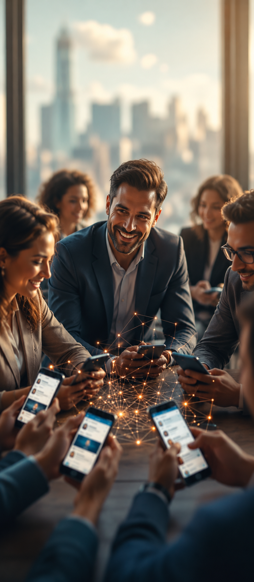 Business professionals networking around a table with glowing LinkedIn profile screens, symbolizing real, qualified connections.