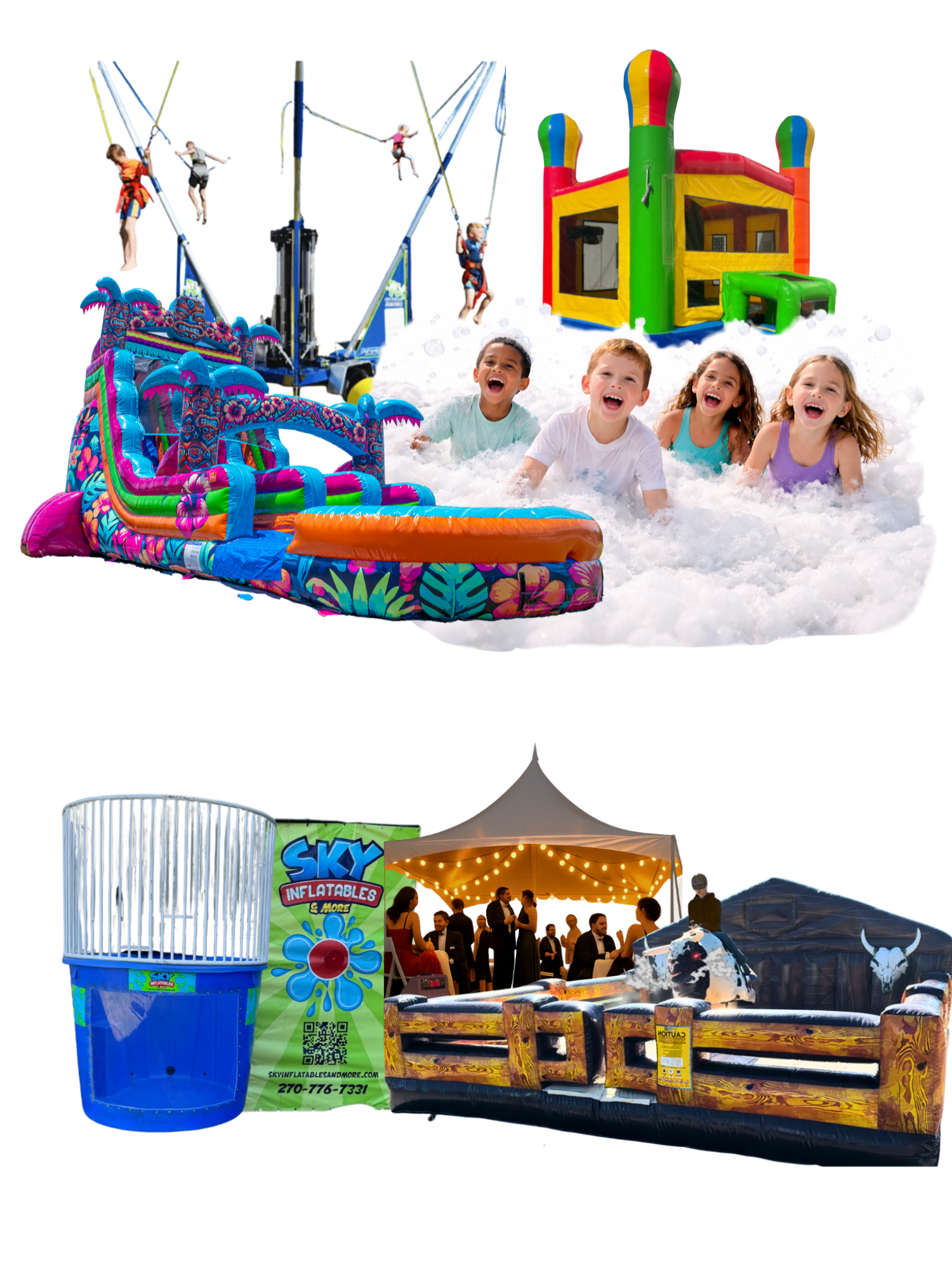 Bowling Green KY party rentals-bounce house, water slide, foam party, dunk tank, event tents and mechanical bull by SKY Events Group