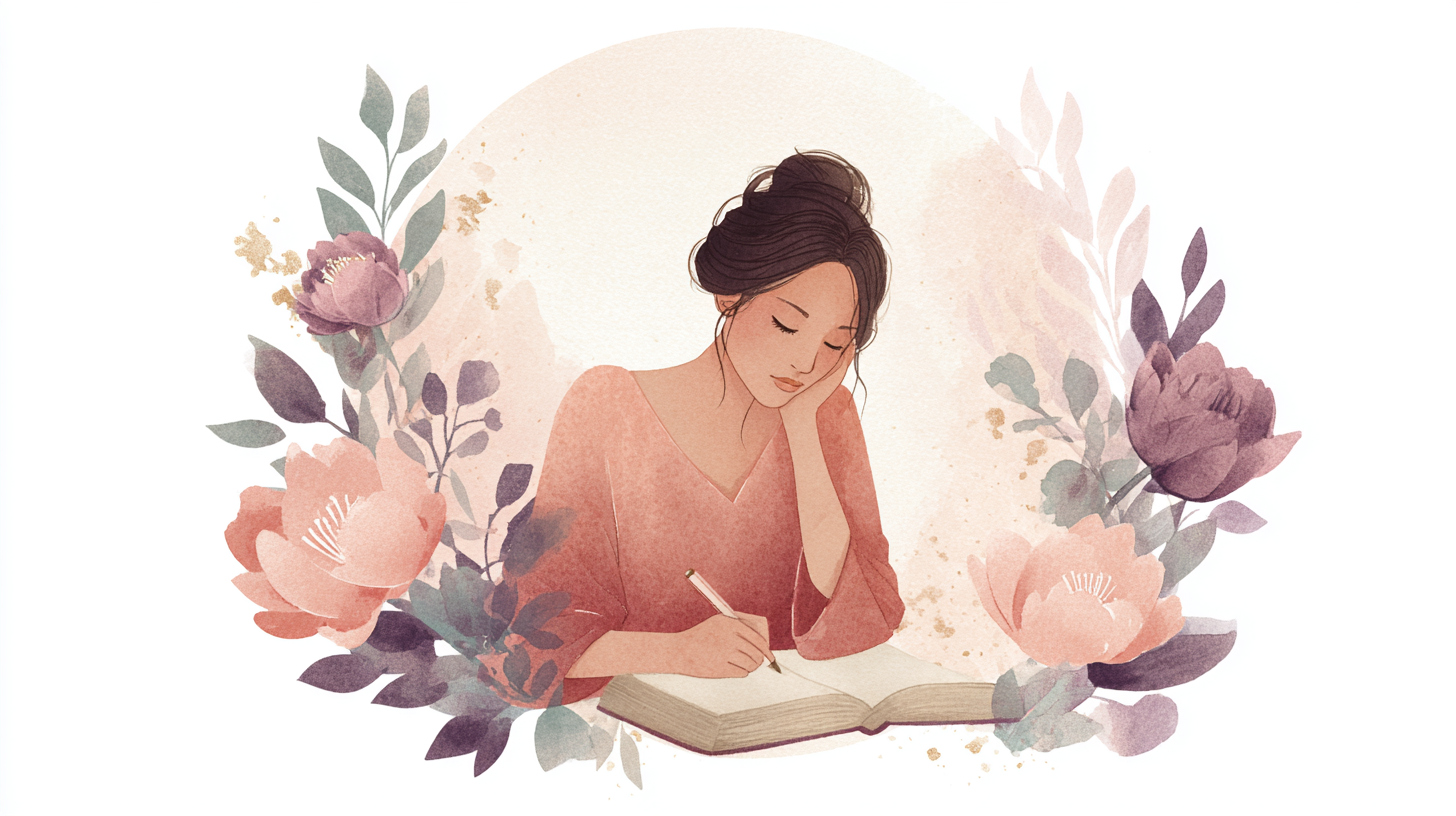 Watercolour illustration of a woman sitting at a table