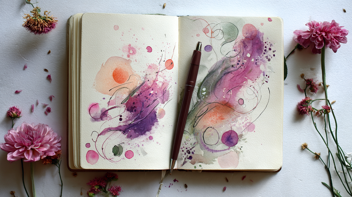 A watercolour sketchbook open to a page filled with soft abstract doodles and swirls in cerise pink and purple and sage green