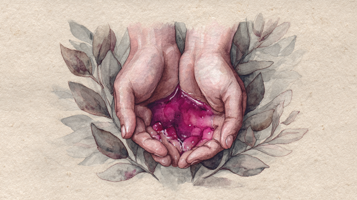 Watercolour illustration of two hands cupped together holding a small pool of mixed watercolour paint in cerise pink and purple