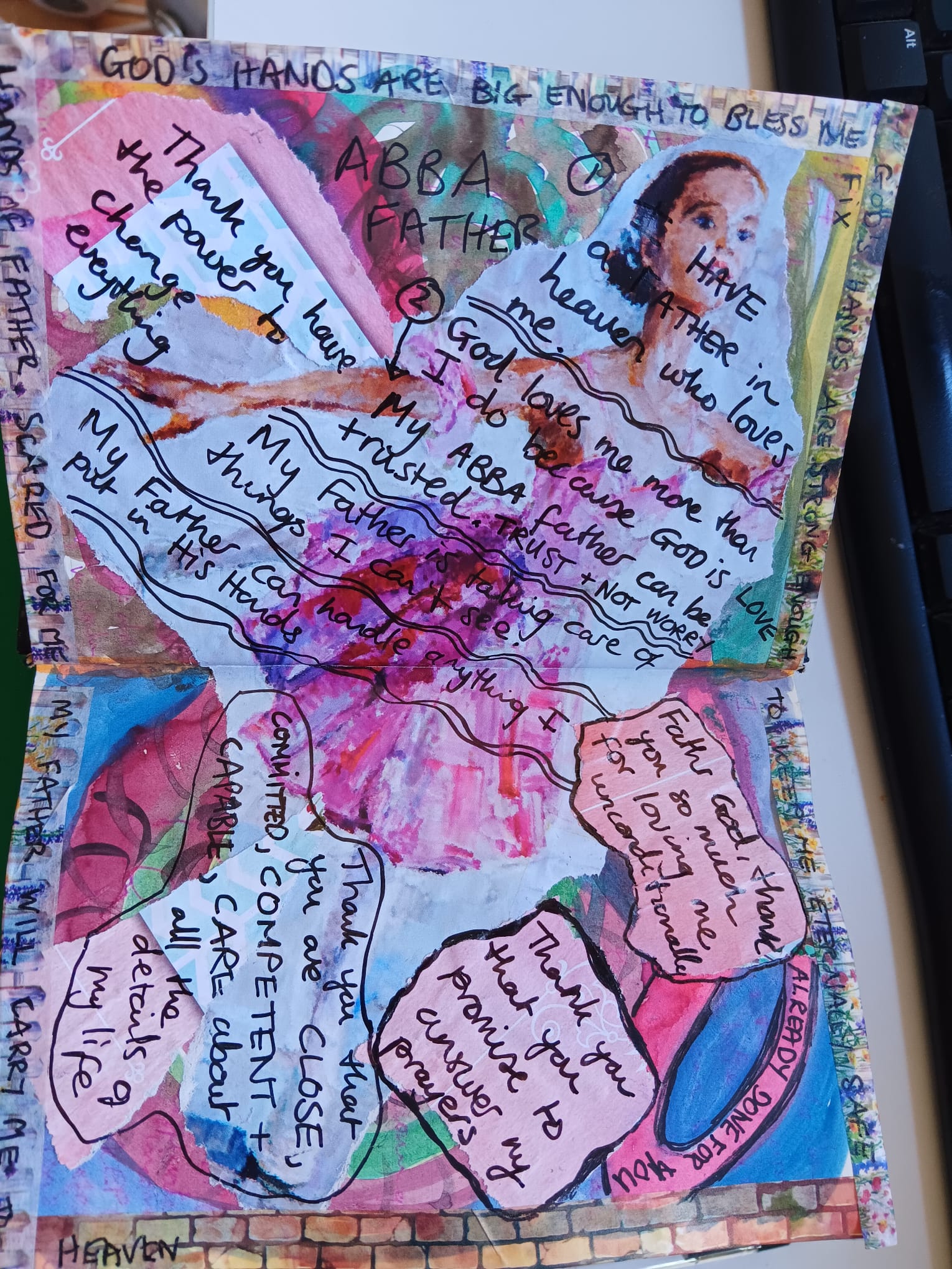 Christian art journal page with handwritten prayers and mixed media collage
